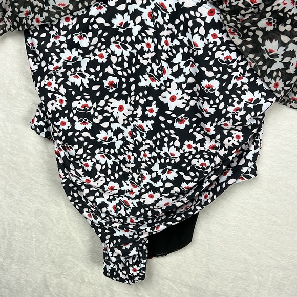 BloomChic Oversized Sleeve One Piece Dolman Mesh Sleeve Ruched Black Swimsuit - Picture 5 of 15